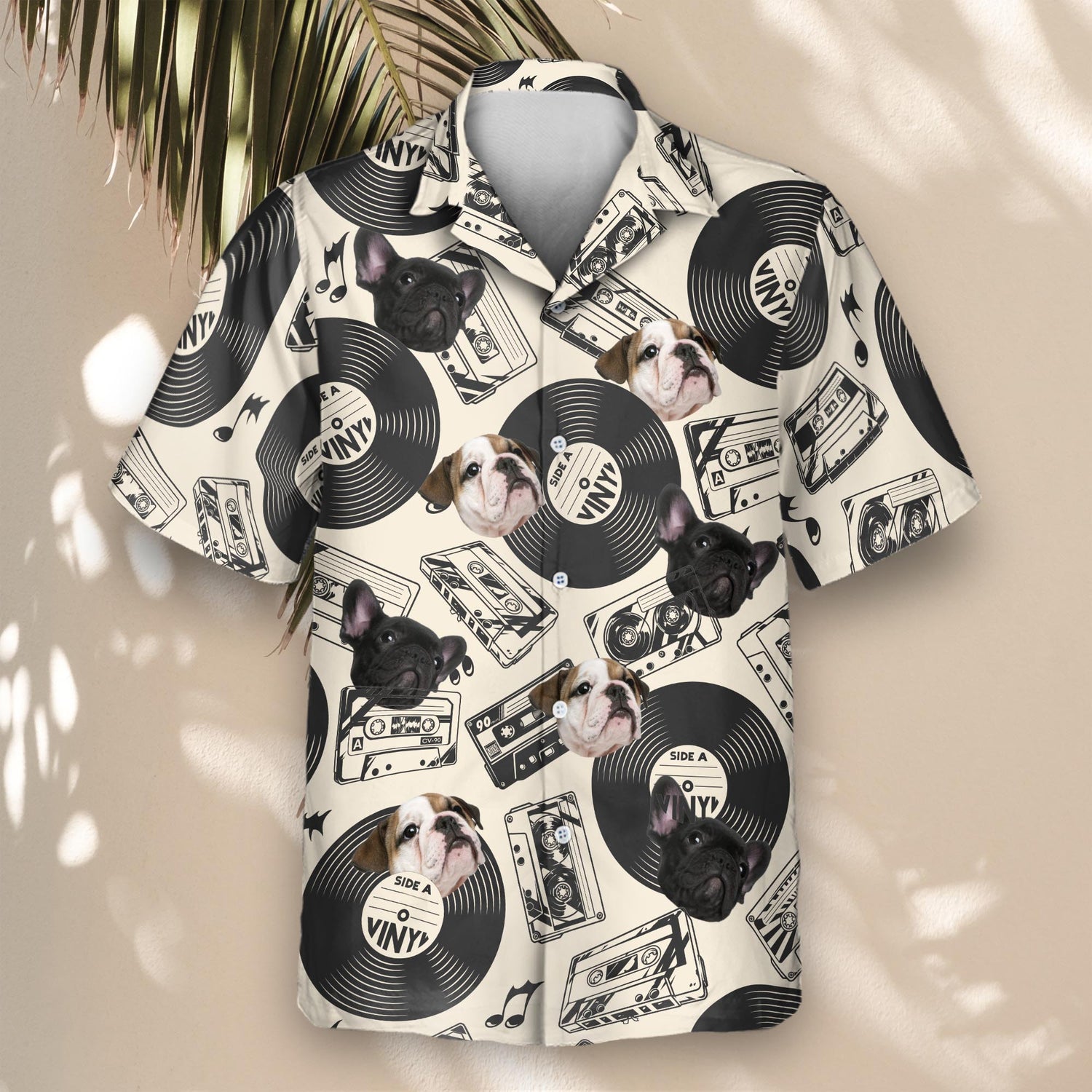Custom Hawaiian shirts with faces on them, featuring vinyl records and tropical flair, perfect for music lovers wanting a stylish, laid-back retro design.