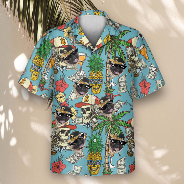 Fun and unique custom Hawaiian shirts with faces on them, adorned with skulls, palm trees, and hibiscus flowers, ideal for vibrant, tropical-themed events.