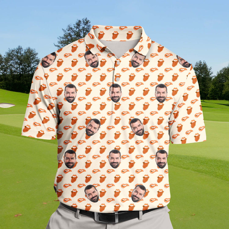 Personalized funny golf shirts with lipstick face designs for team outings.