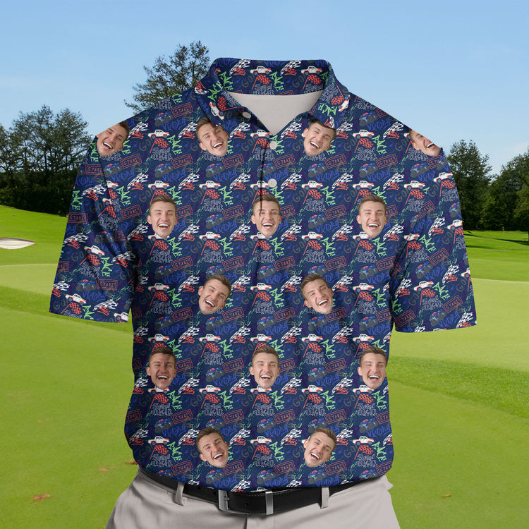 Speedy cartoon car designs on funny golf shirts with faces.