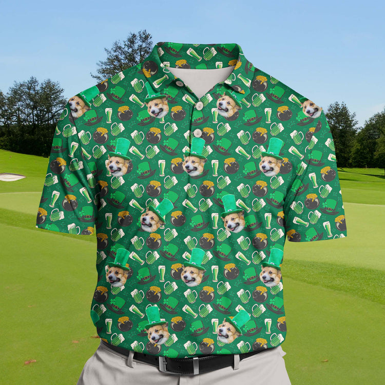 Funny golf shirts with faces on them showcasing festive garland elements.
