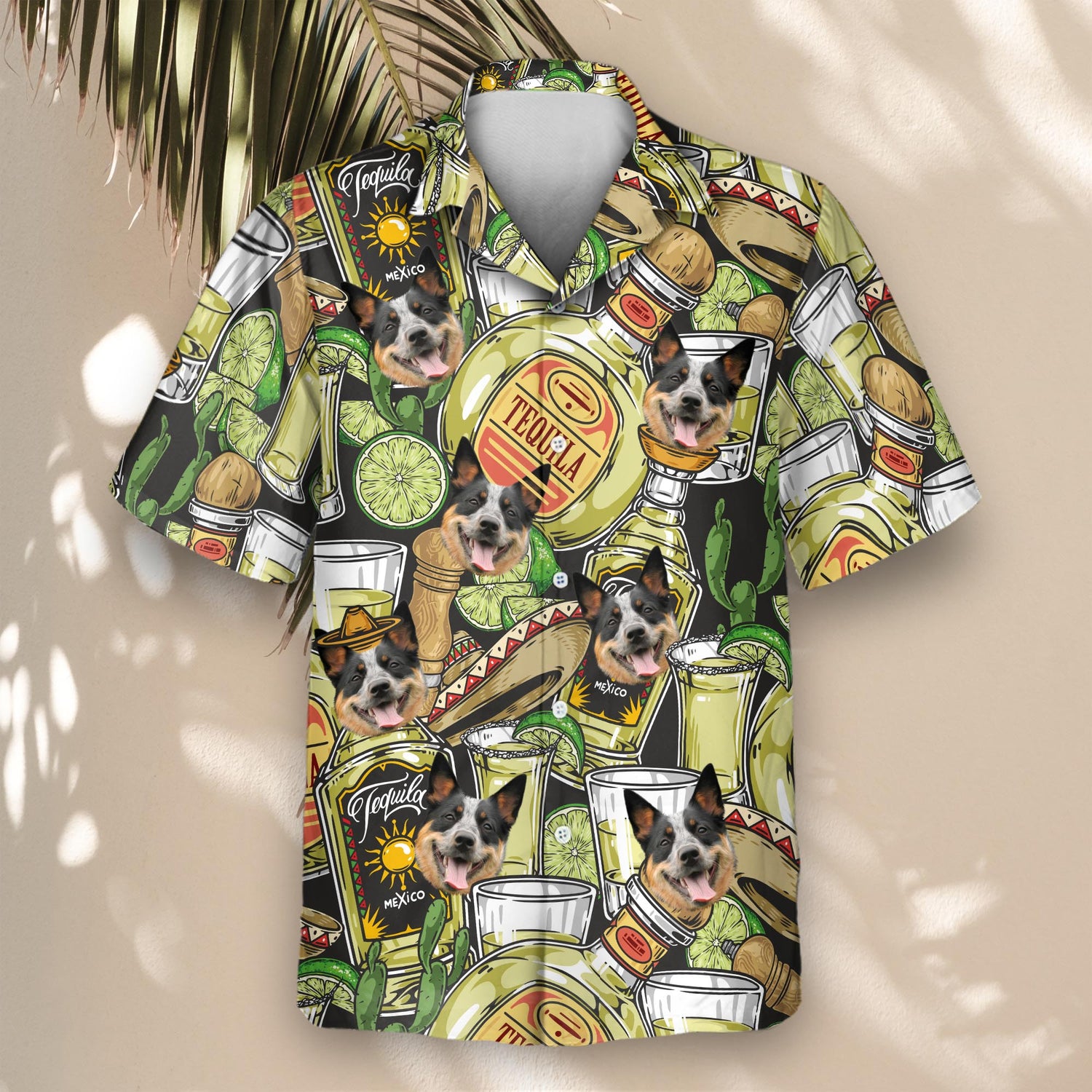 Custom Hawaiian shirts with faces on them, featuring vibrant tequila-themed designs with lime slices, sombreros, and shot glasses for a festive, fun look.