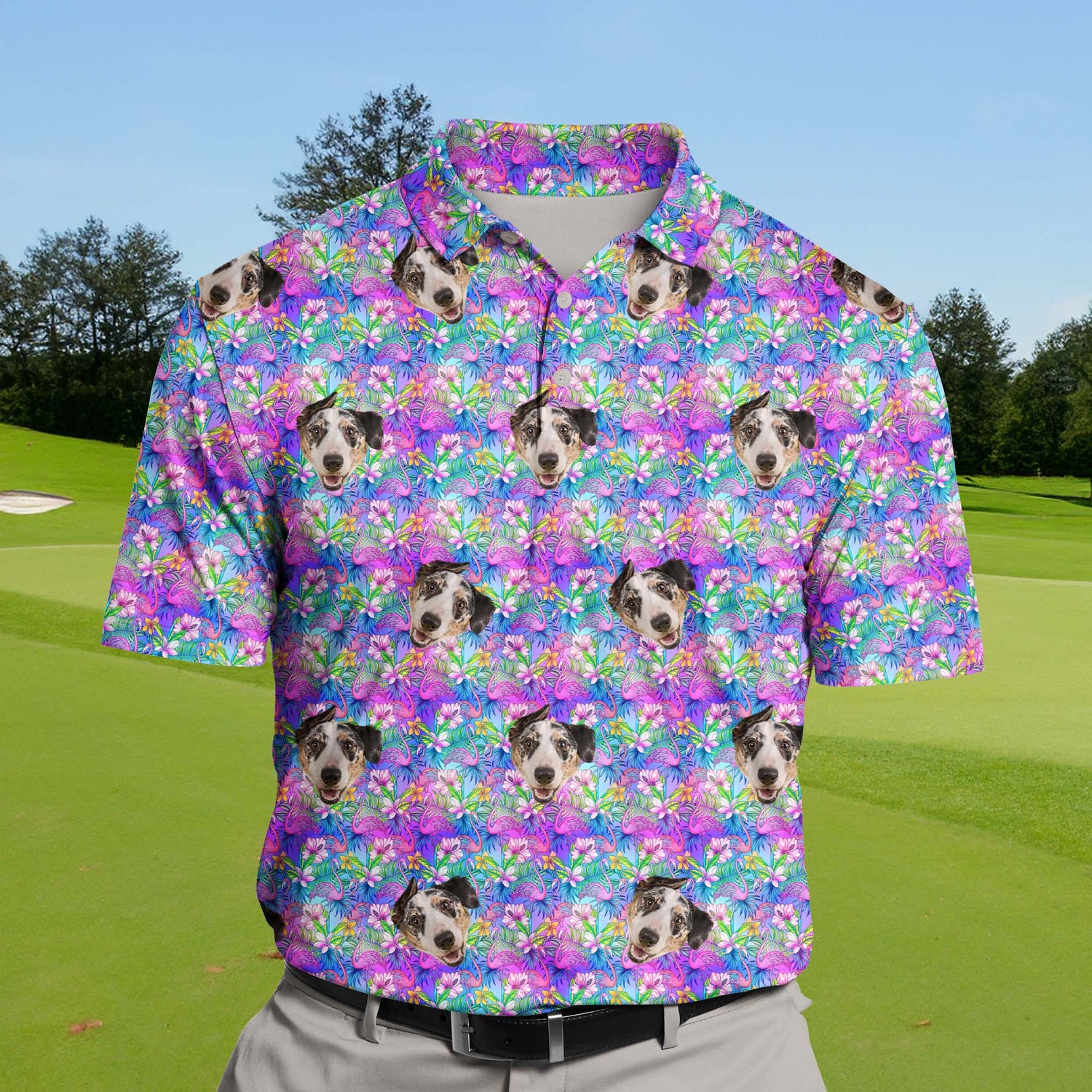Stylish golf polos with tropical birds and custom faces.