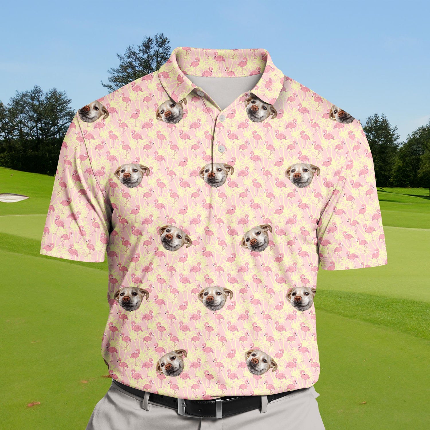 Big and tall funny golf shirts with faces on them in tropical themes.