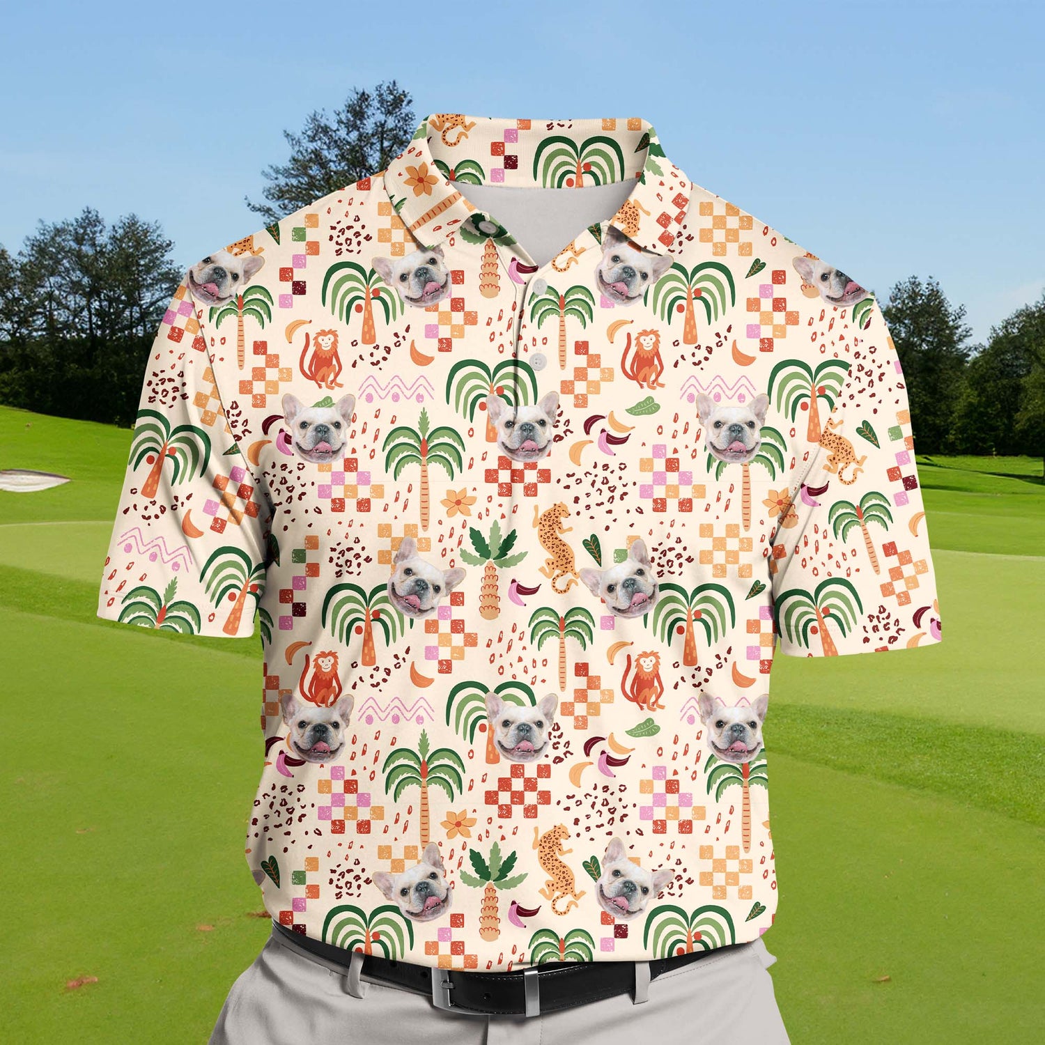 Enjoy the sun in our Tropical Summer Vacation shirt, a great choice for funny golf shirts with faces on them for a unique style.