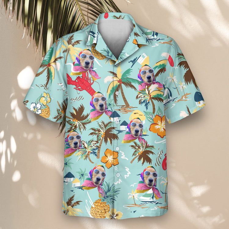 Custom Hawaiian shirts featuring hibiscus, palm trees, and sailboats on turquoise. Personalize with faces on them for a colorful tropical getaway style.