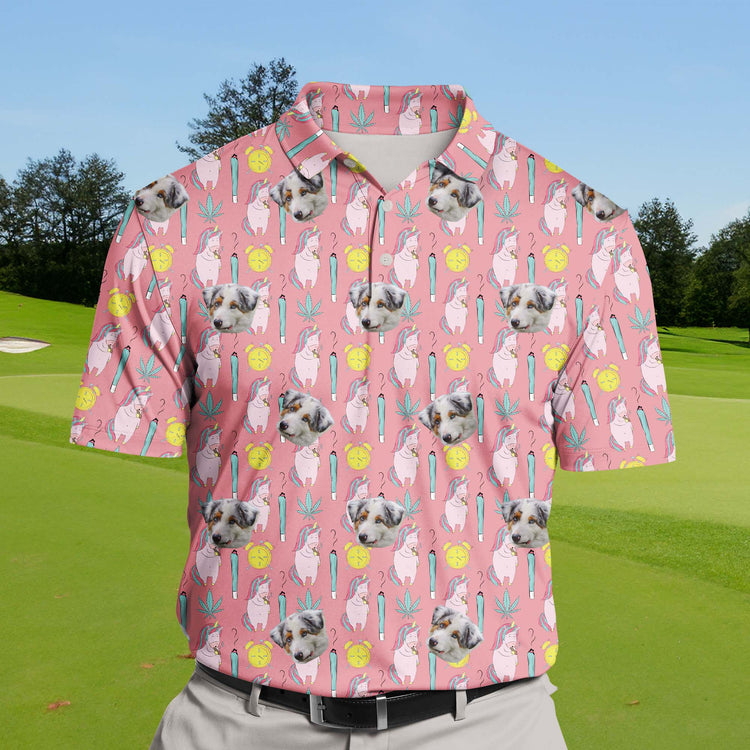 Funny golf shirts with faces on them and UV protection for sunny days.