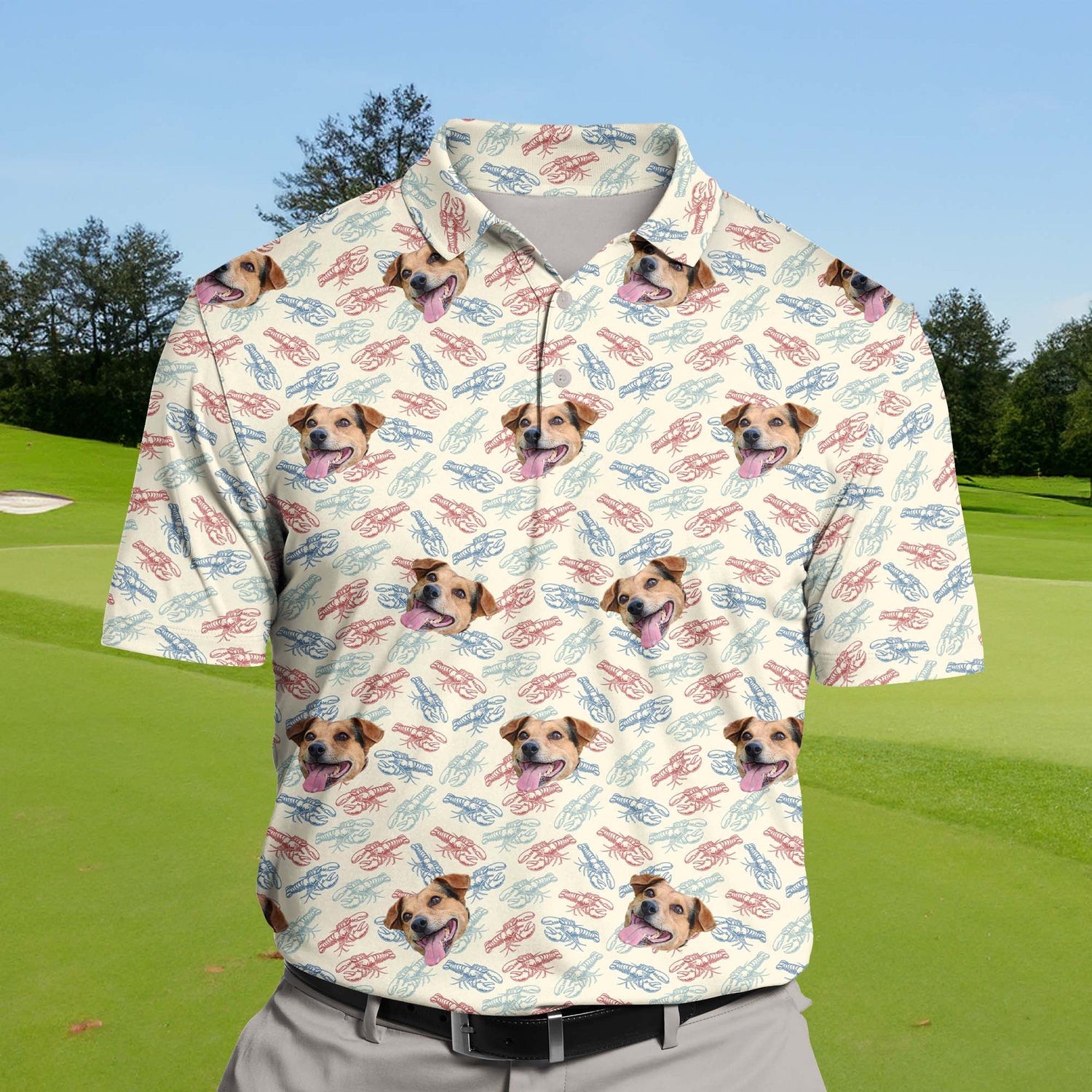 Humorous funny golf shirts with faces on them for ocean lovers.
