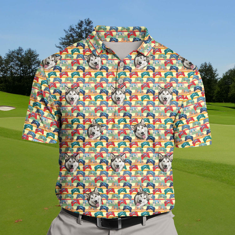 Personalized funny golf shirts with digital controllers and face designs.