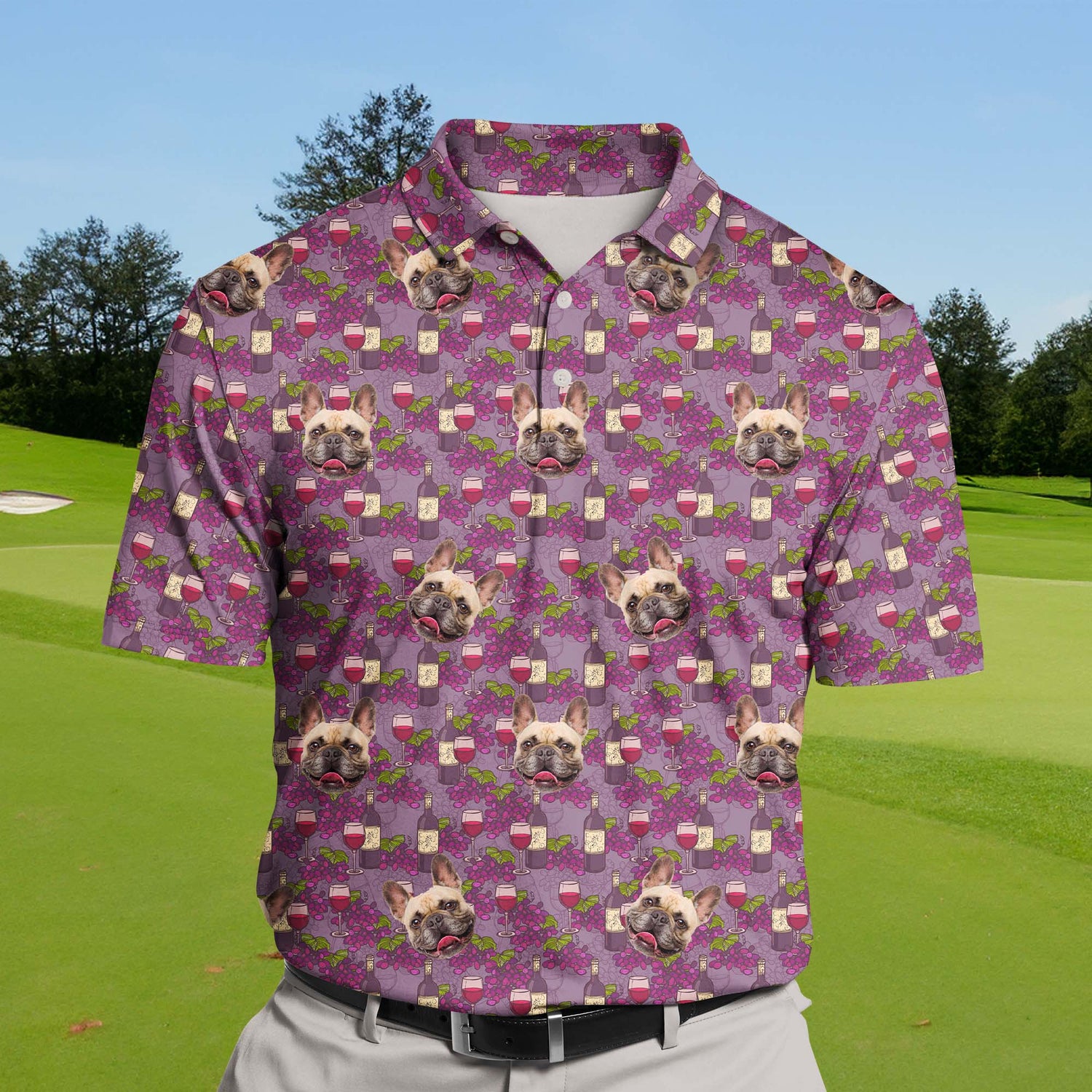 Humorous golf shirts with faces on them, inspired by vino and grape graphics.