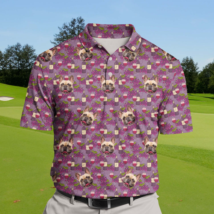 Humorous golf shirts with faces on them, inspired by vino and grape graphics.