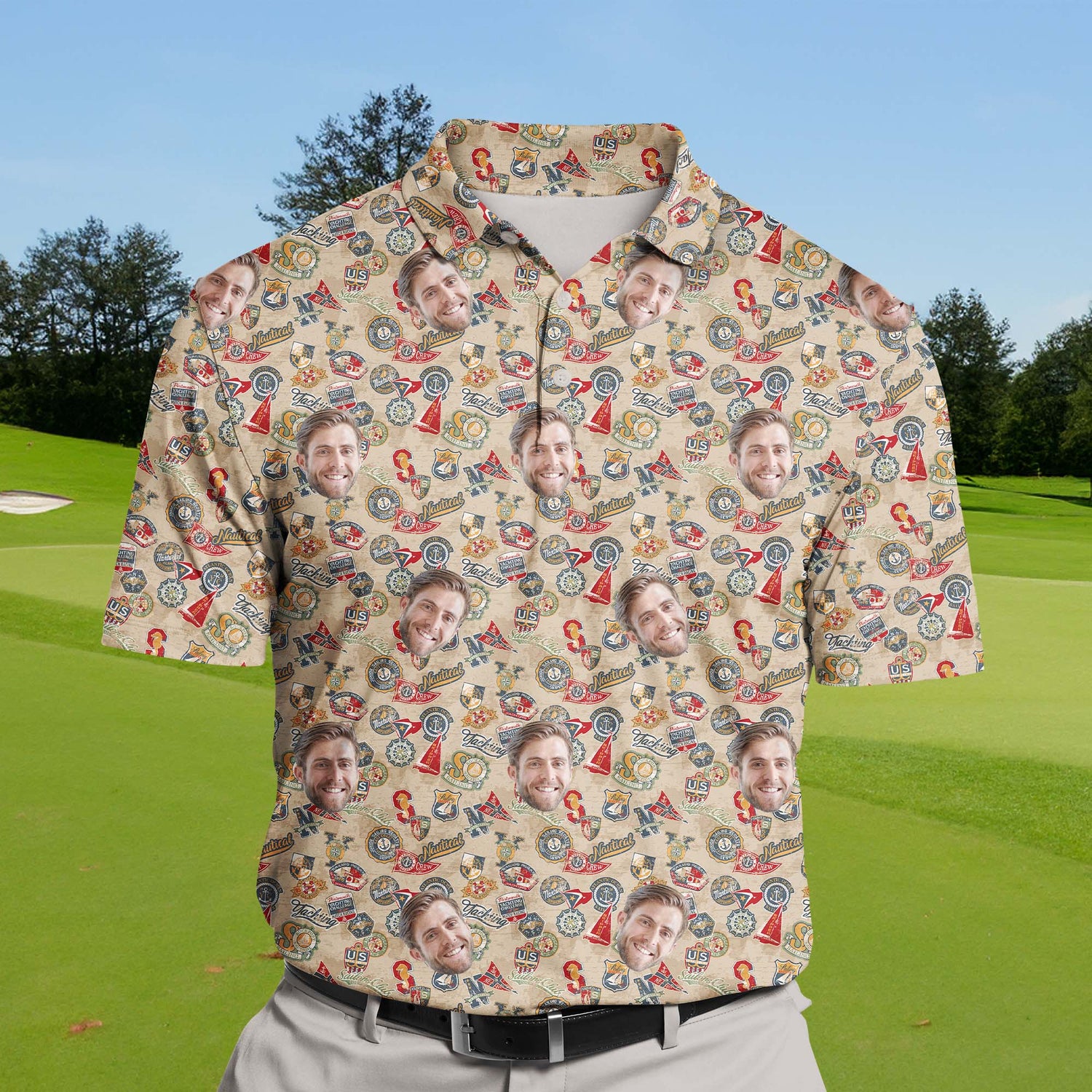 Seafarer-themed funny golf shirts with faces on them and UV protection.