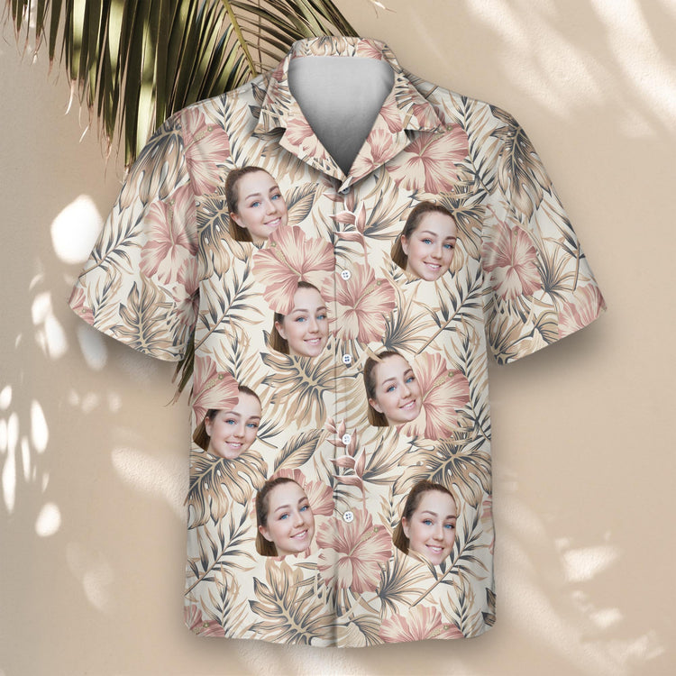 Custom Hawaiian shirts with retro hibiscus flowers and palm leaves. Add faces on them for a stylish, personalized touch on your next tropical escape.