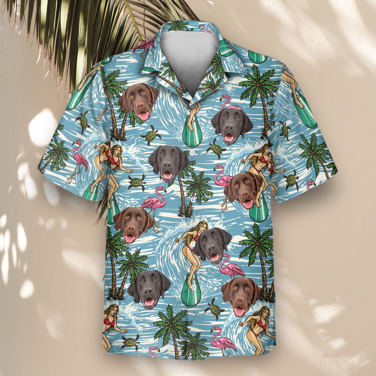 Custom Hawaiian shirts with retro surfboards and palm trees. Add faces on them for a fun, personalized design that’s perfect for seaside adventures.