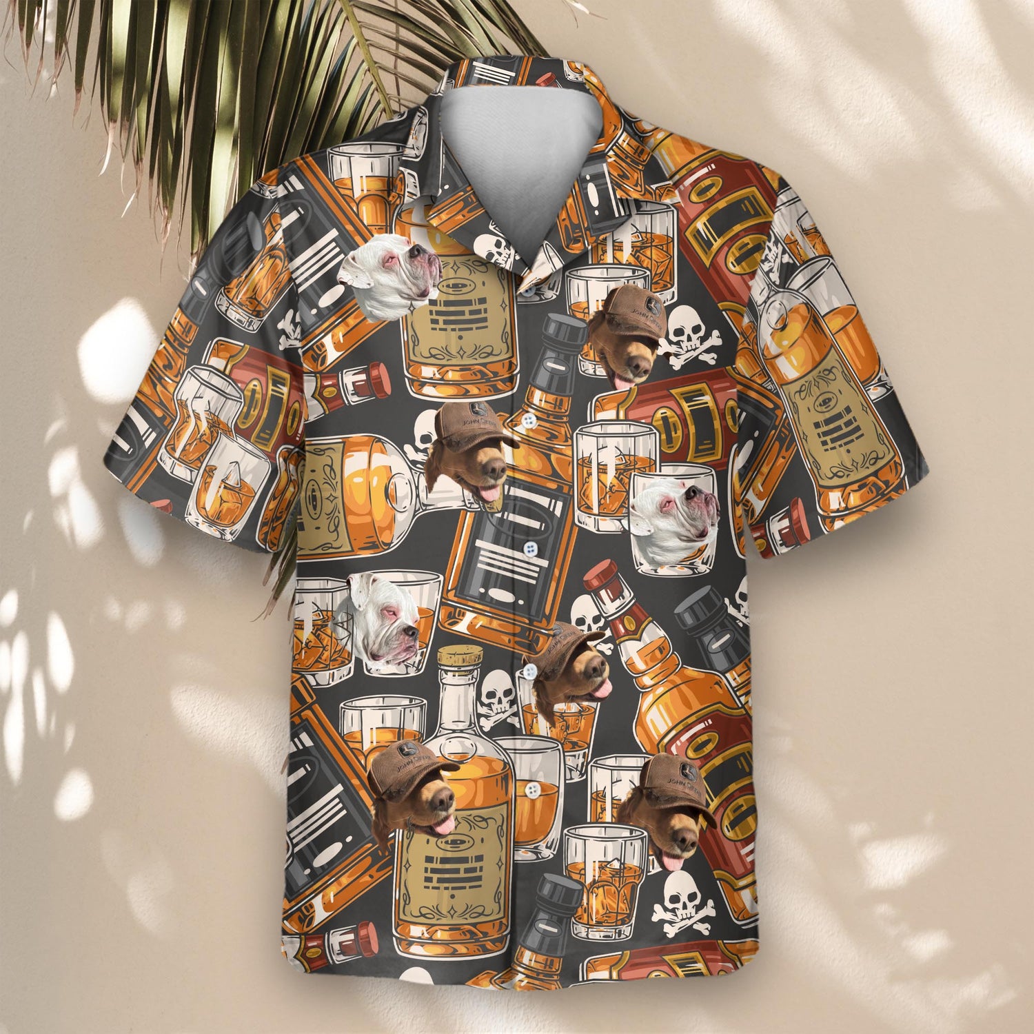 Retro-inspired custom Hawaiian shirts with whiskey bottles and skulls. Personalize shirts with faces on them for a distinctive, fun style.