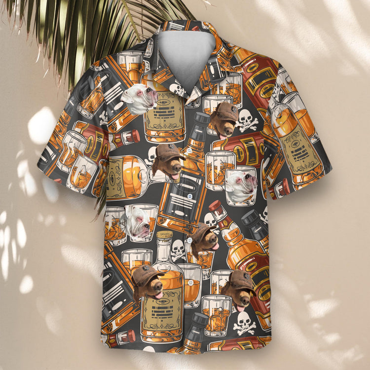 Retro-inspired custom Hawaiian shirts with whiskey bottles and skulls. Personalize shirts with faces on them for a distinctive, fun style.