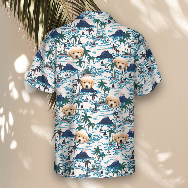 Celebrate tropical vibes with Sunset Sail Custom Hawaiian Shirts with Faces or Logos, featuring a vibrant sunset, boats, and mountain scenery.
