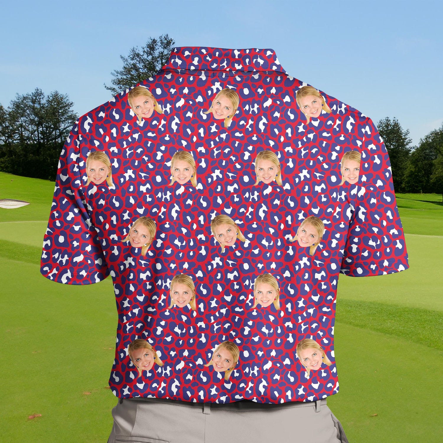Unique funny golf shirts with faces on them and leopard graphics.