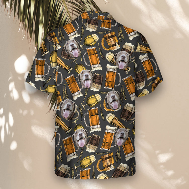 Beer-themed custom Hawaiian shirts with faces on them, featuring mugs, pints, and vintage designs, perfect for adding color and comfort to any party or event.