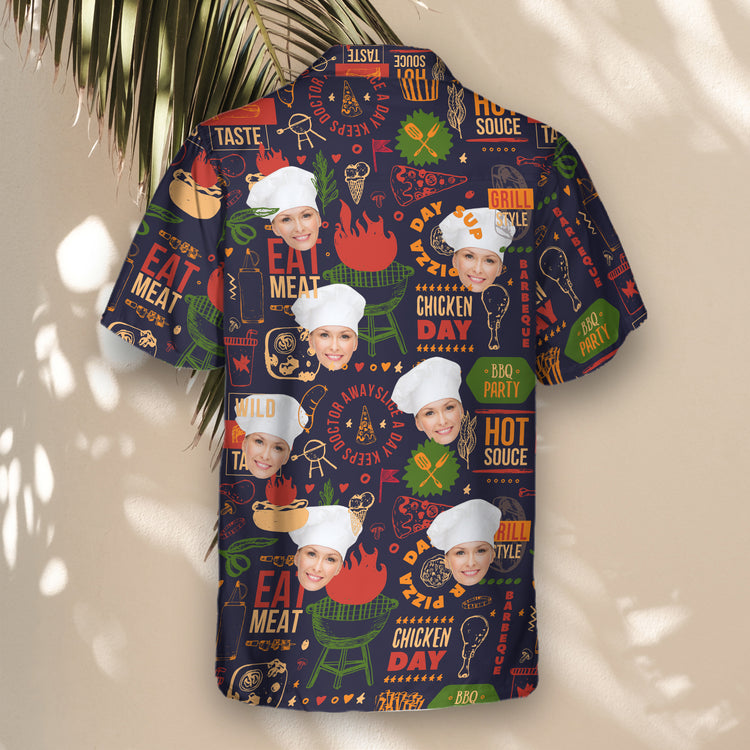 BBQ Feast Paradise custom Hawaiian shirts with faces on them, a sizzling hot tribute to summer barbecues, beer, and smoky meat, perfect for BBQ lovers.