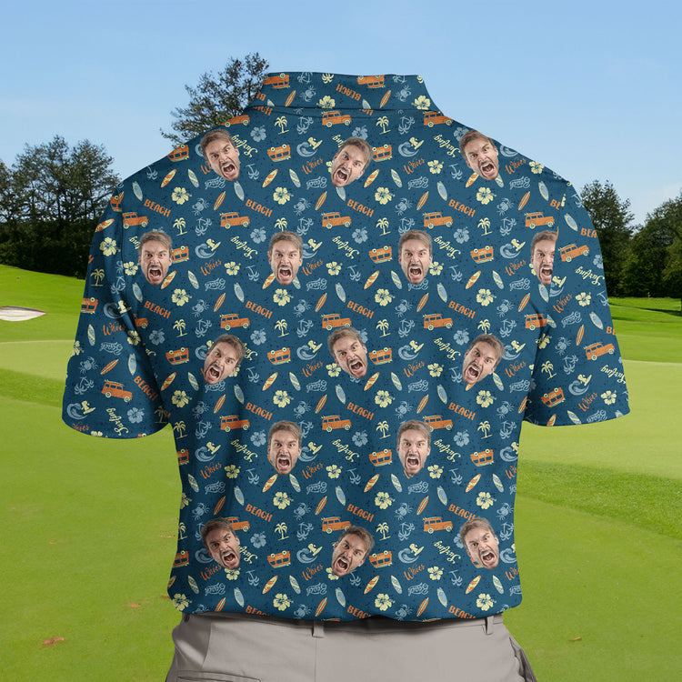 Funny golf shirts with faces on them, inspired by beach and surf culture.
