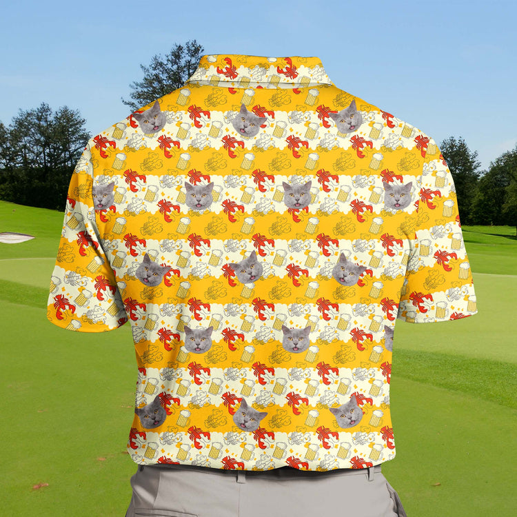 Fun Beer And Crawfish shirt displaying funny golf shirts with faces on them perfect for golf outings.