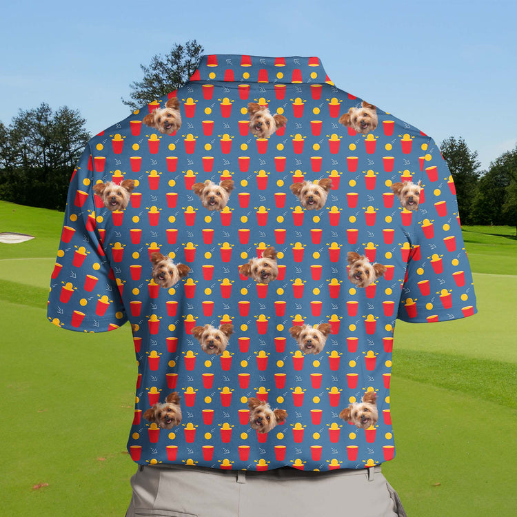 Bright and colorful funny golf shirts with faces on them, celebrating Beer Pong games.