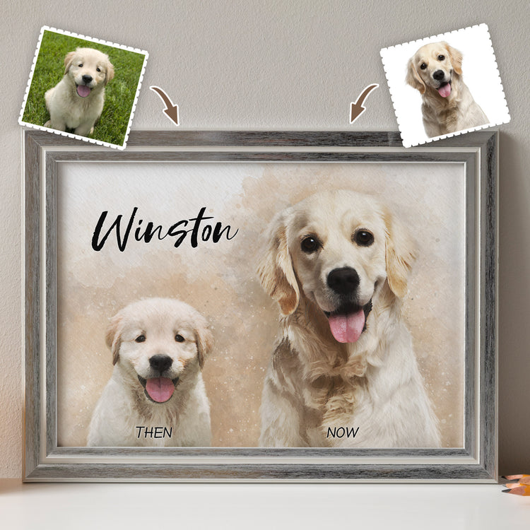 Celebrate your pet's growth with our Before-and-After Pet Portrait! Our skilled pet portrait artists turn your pictures into drawings, creating beautiful animal portraits. Perfect for custom dog portraits or cat portraits, this sentimental artwork captures every stage of their journey!