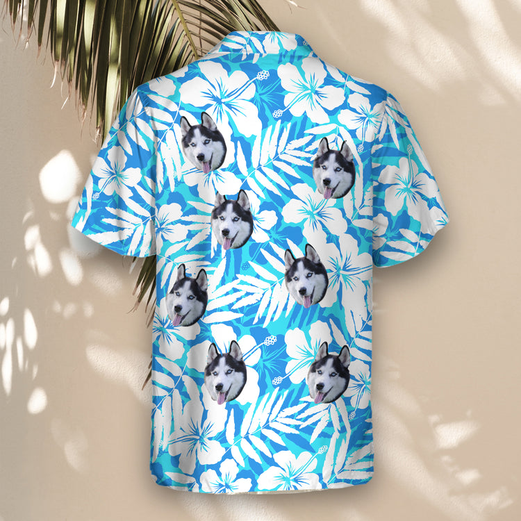 Fresh blue and white custom Hawaiian shirts with faces on them, featuring hibiscus flower silhouettes for a lightweight, fun, and tropical look at any occasion.
