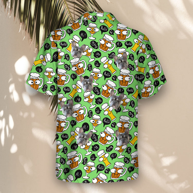 Hawaiian shirts with faces on them, showcasing Oktoberfest bartender themes with cartoon beer mugs and festive patterns.