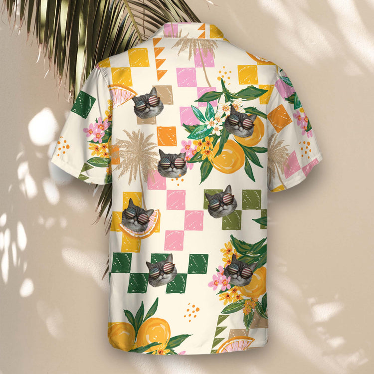 Stand out in custom Hawaiian shirts with faces on them, featuring lemons, oranges, and tropical leaves, offering a fresh, lightweight, and fun tropical style.