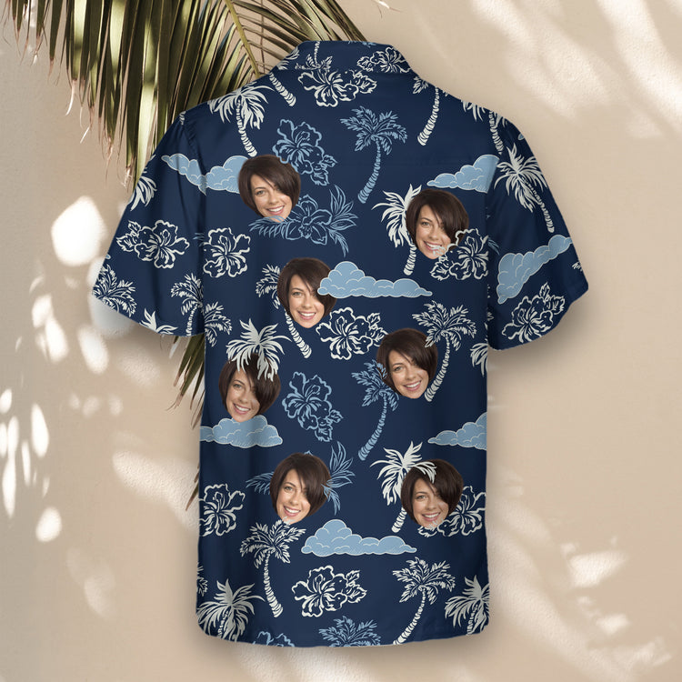 Island-themed custom Hawaiian shirts with faces on them, featuring tropical coconut palms and greenery. Perfect for vacations and summer fun.