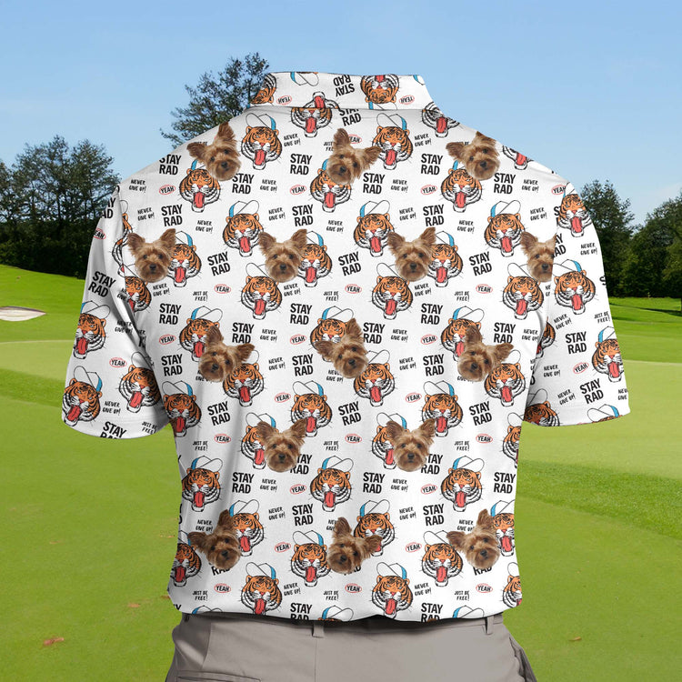 Custom golf polo with cartoon animal faces and logos, perfect for teams.