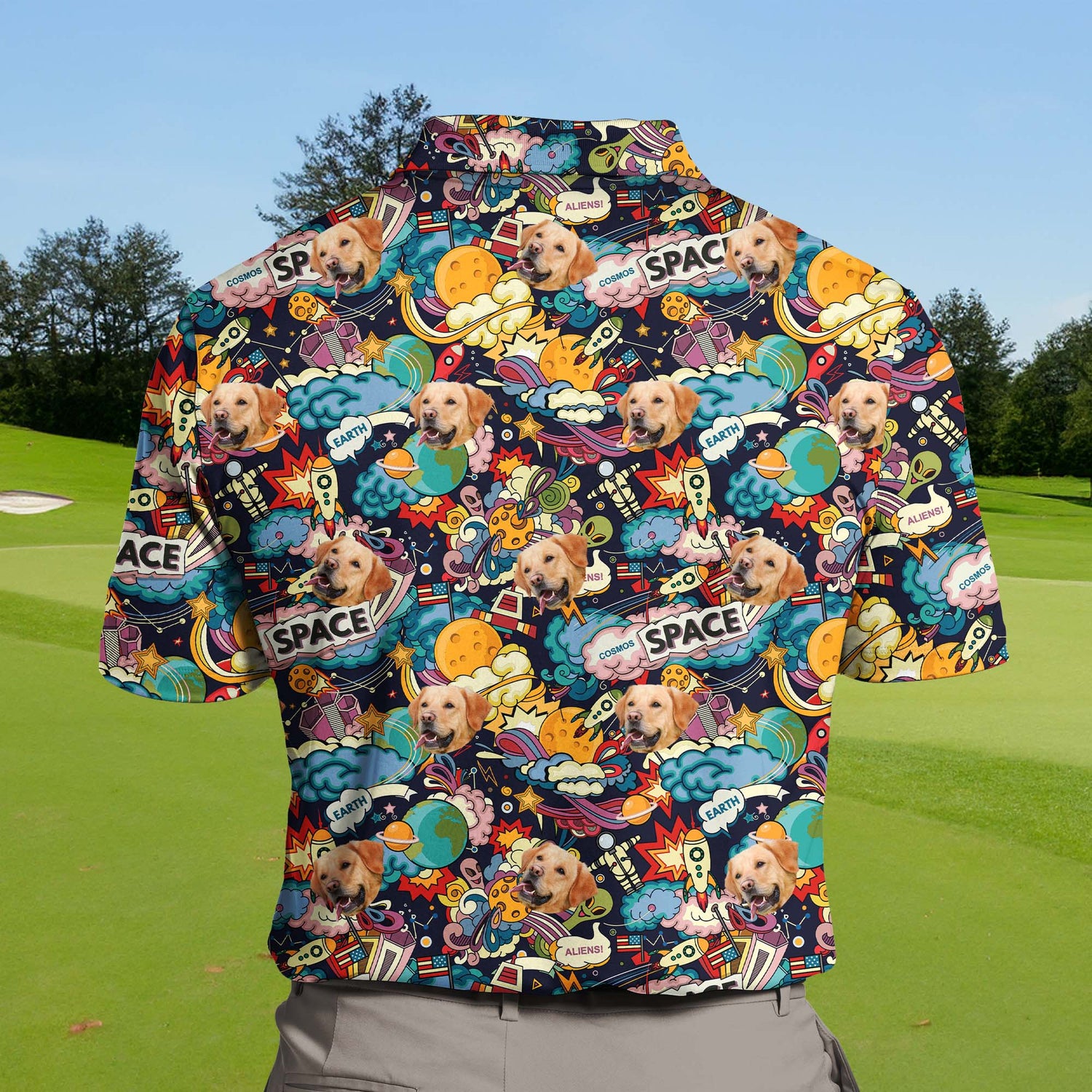 Fun and colorful funny golf shirts with faces on them, perfect for a cosmic golf outing.