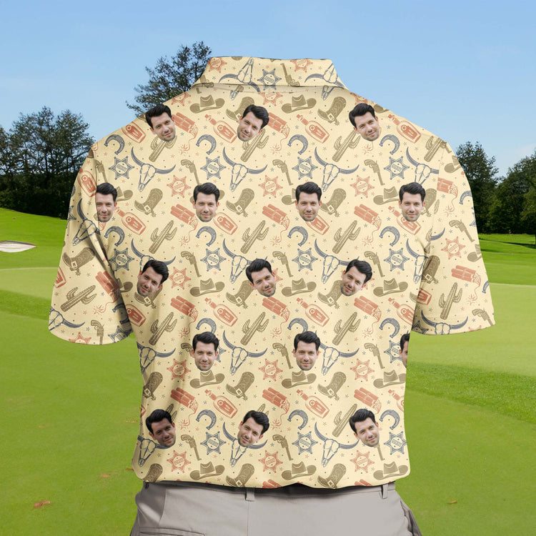 Big and tall sizes available in funny golf shirts with faces on them.