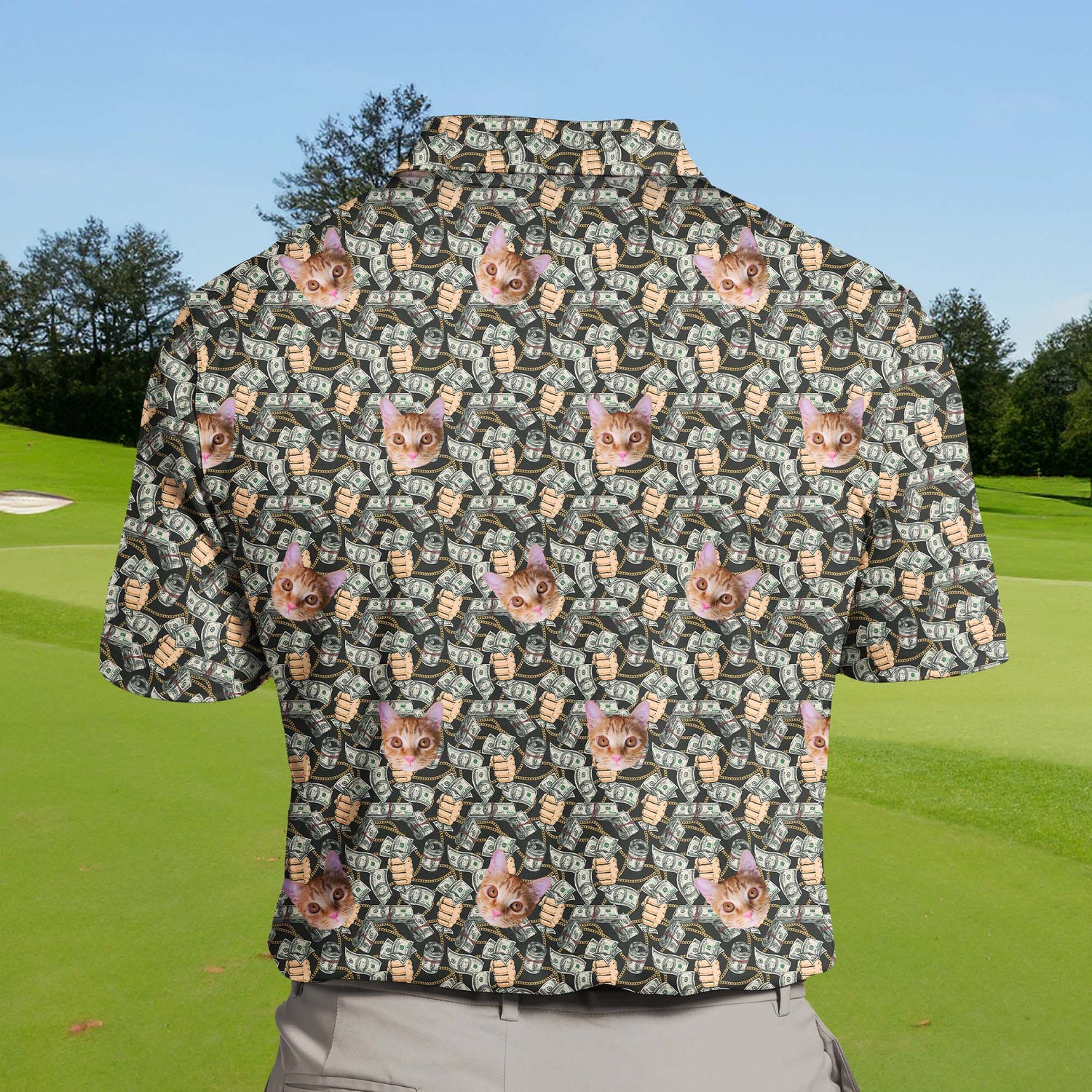 Colorful funny golf shirts with faces on them celebrating money and fun!
