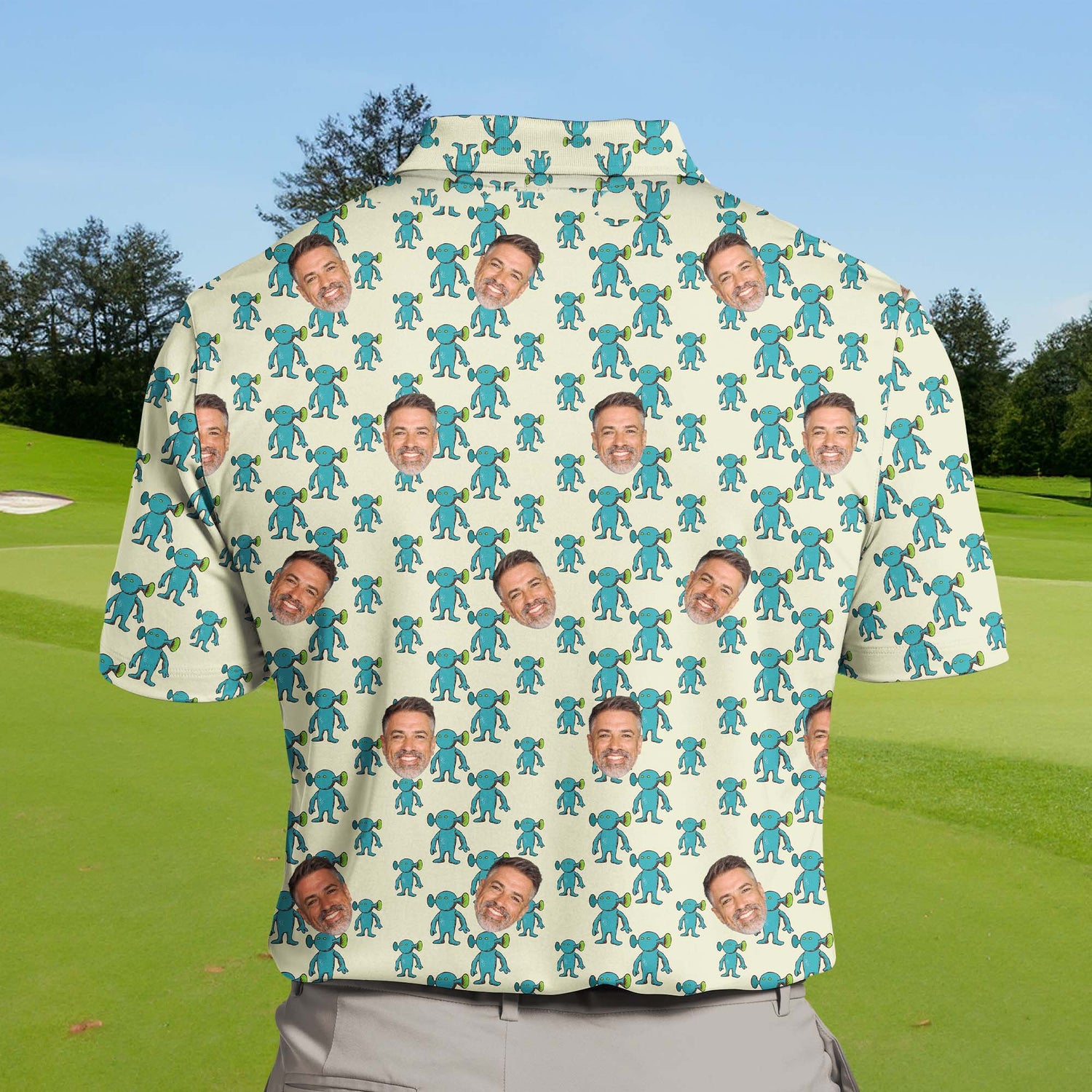 Bright and colorful funny golf shirts with fun characters.
