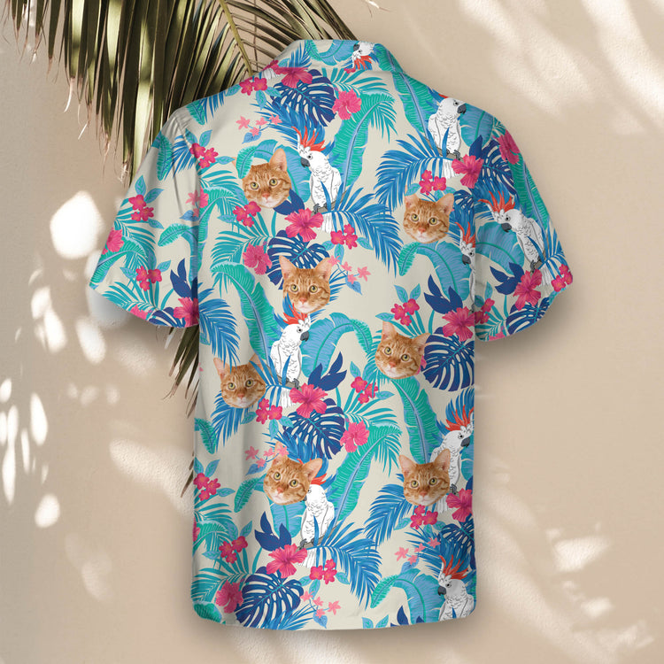 Custom Hawaiian shirts with colorful cockatoos, botanical elements, and floral details—standout shirts with faces on them for island-style wear.