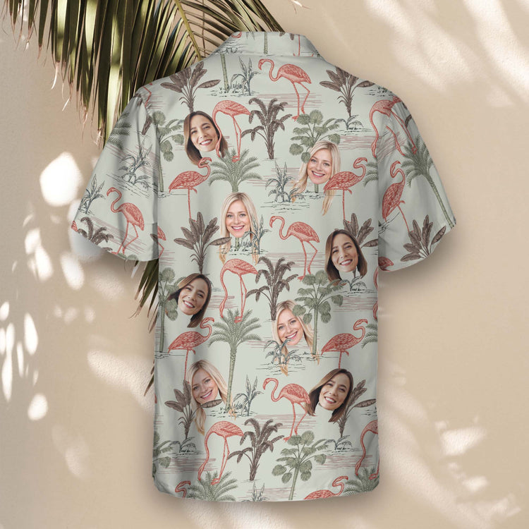 Lush custom Hawaiian shirts with faces on them, blending jungle patterns, tropical flowers, and vivid greenery for a fun, island-ready fashion statement.