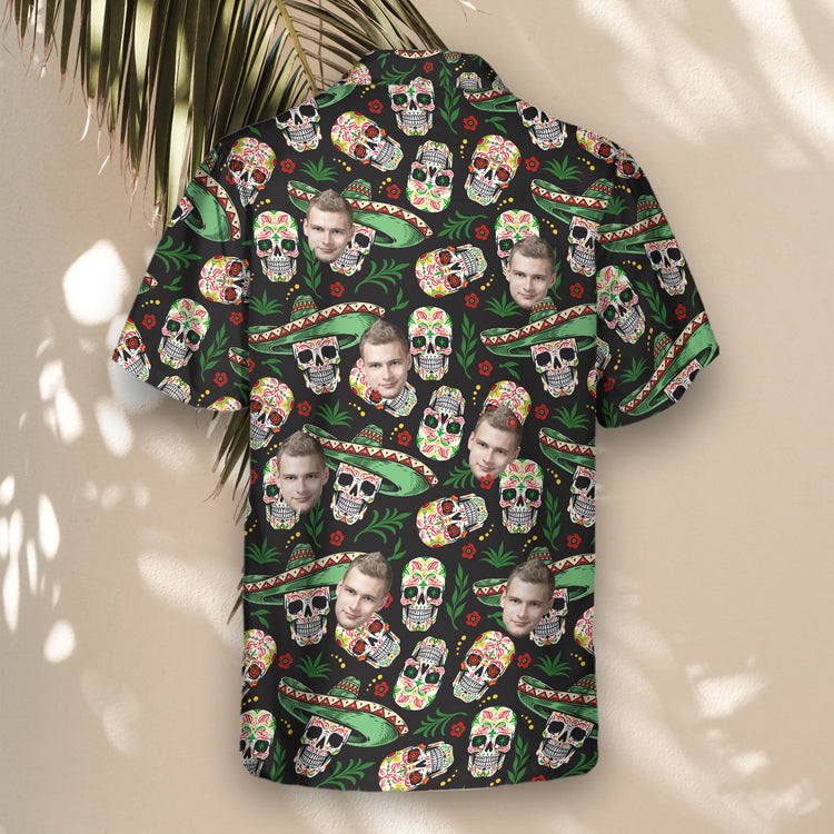 Fiesta Skull Vibes custom Hawaiian shirts bring Mexican festival energy with colorful skulls—lively shirts with faces on them for a tropical, artistic vibe.