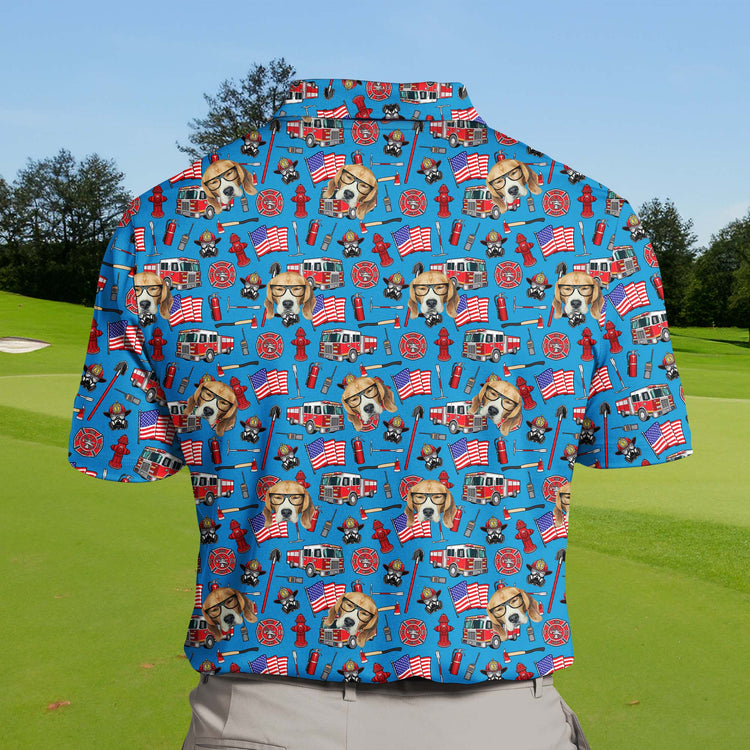 Colorful funny golf shirts with faces on them, showcasing firefighter equipment.