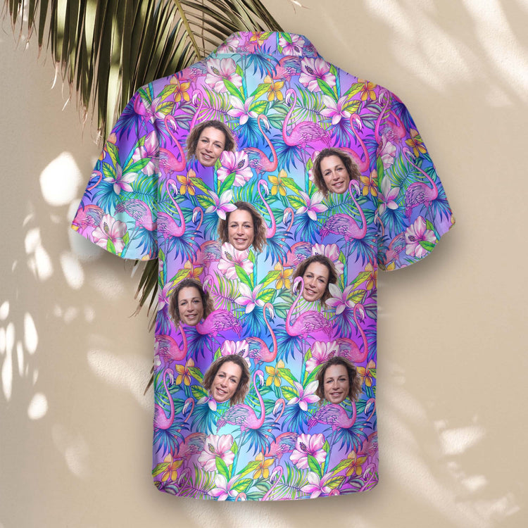 Stand out with Flamingo Breeze Custom Hawaiian Shirts with Faces or Logos, featuring a watercolor tropical flamingo and flower design.