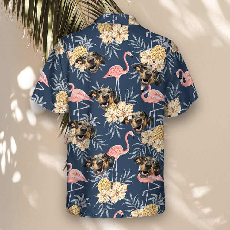 Stand out in custom Hawaiian shirts with faces on them, featuring flamingos, hibiscus, and pineapples on navy, perfect for adding tropical vibes to any event.