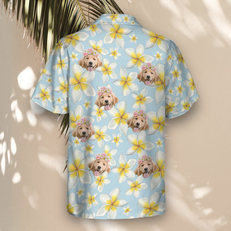 Lightweight custom Hawaiian shirts with faces on them, featuring blue and white frangipani flowers, ideal for adding a tropical touch to any beach day or event.