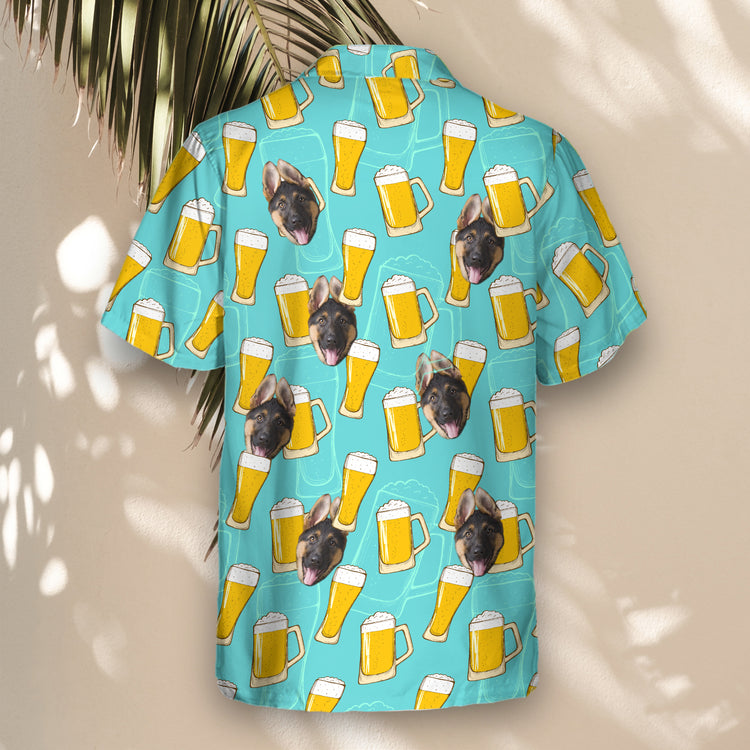 Custom Hawaiian shirts with faces on them, featuring a playful beer-themed pattern with frothy mugs and tropical accents, great for beer fans and festivities.