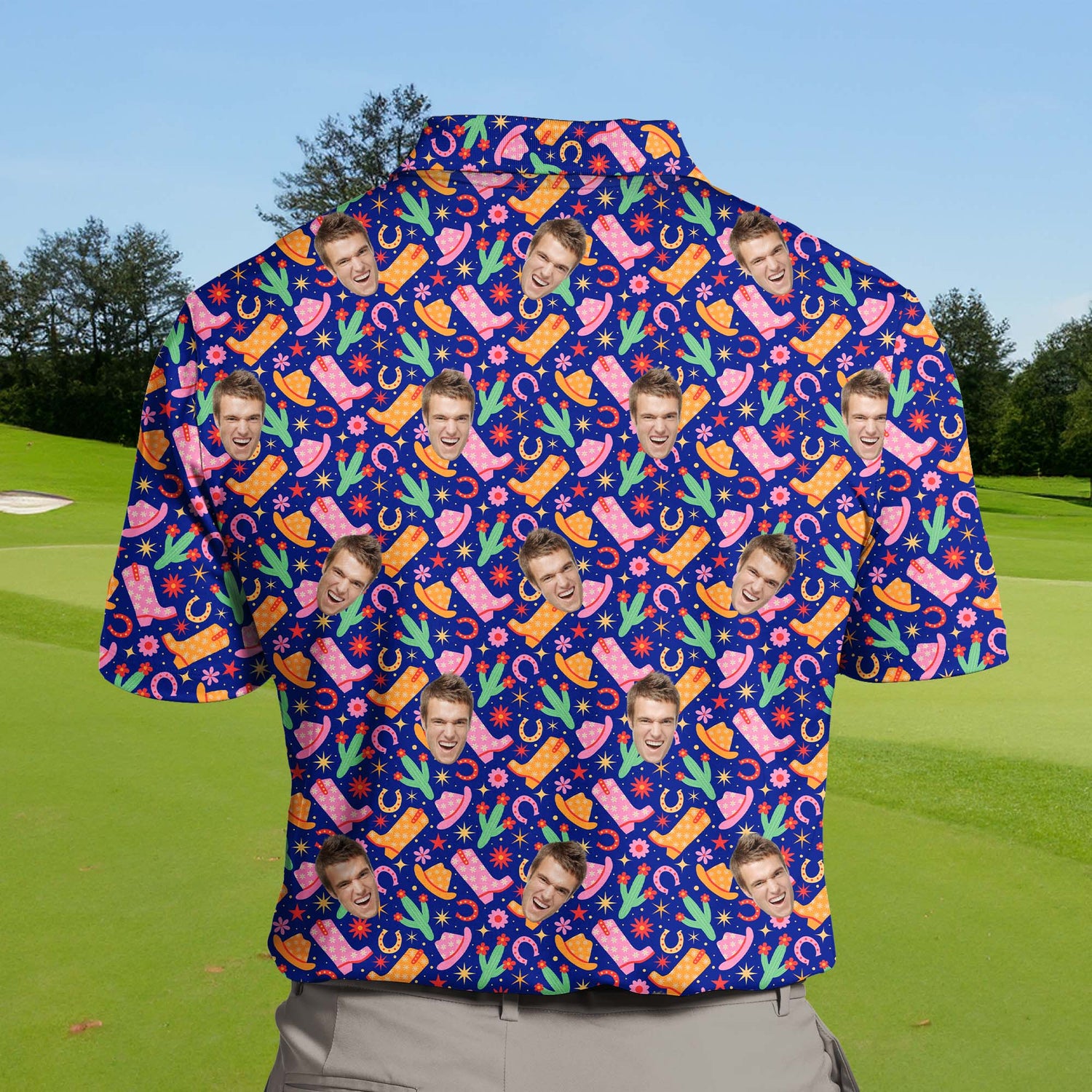 Playful funny golf shirts with faces on them, combining wild west themes with fun designs for the golf course.