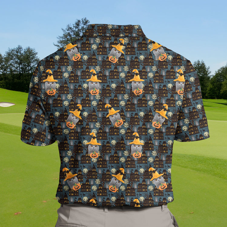 Scary ghost face funny golf shirts with cooling fabric for a fun golf look.