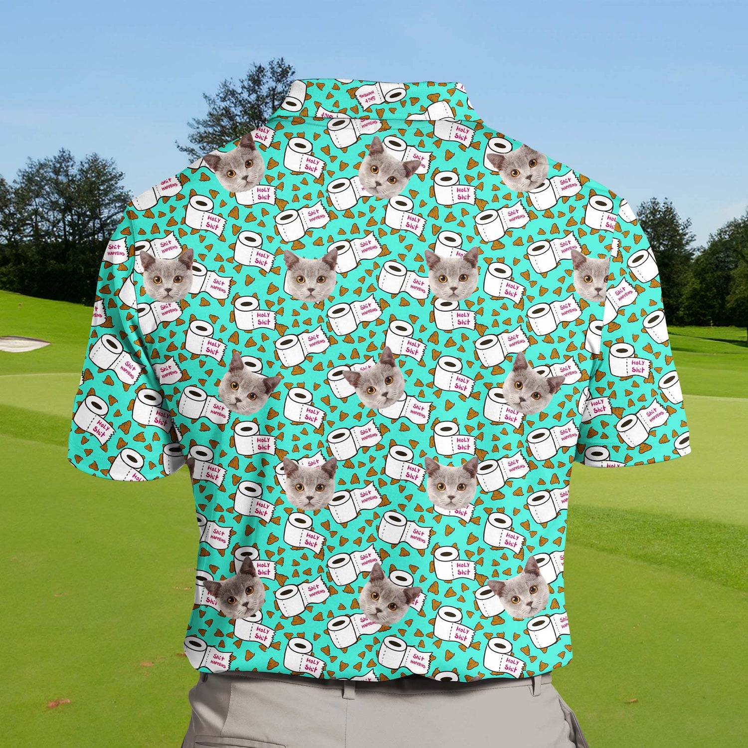 Fun and quirky funny golf shirts with faces on them, emblazoned with "Holy Shit Happens" for a good laugh.
