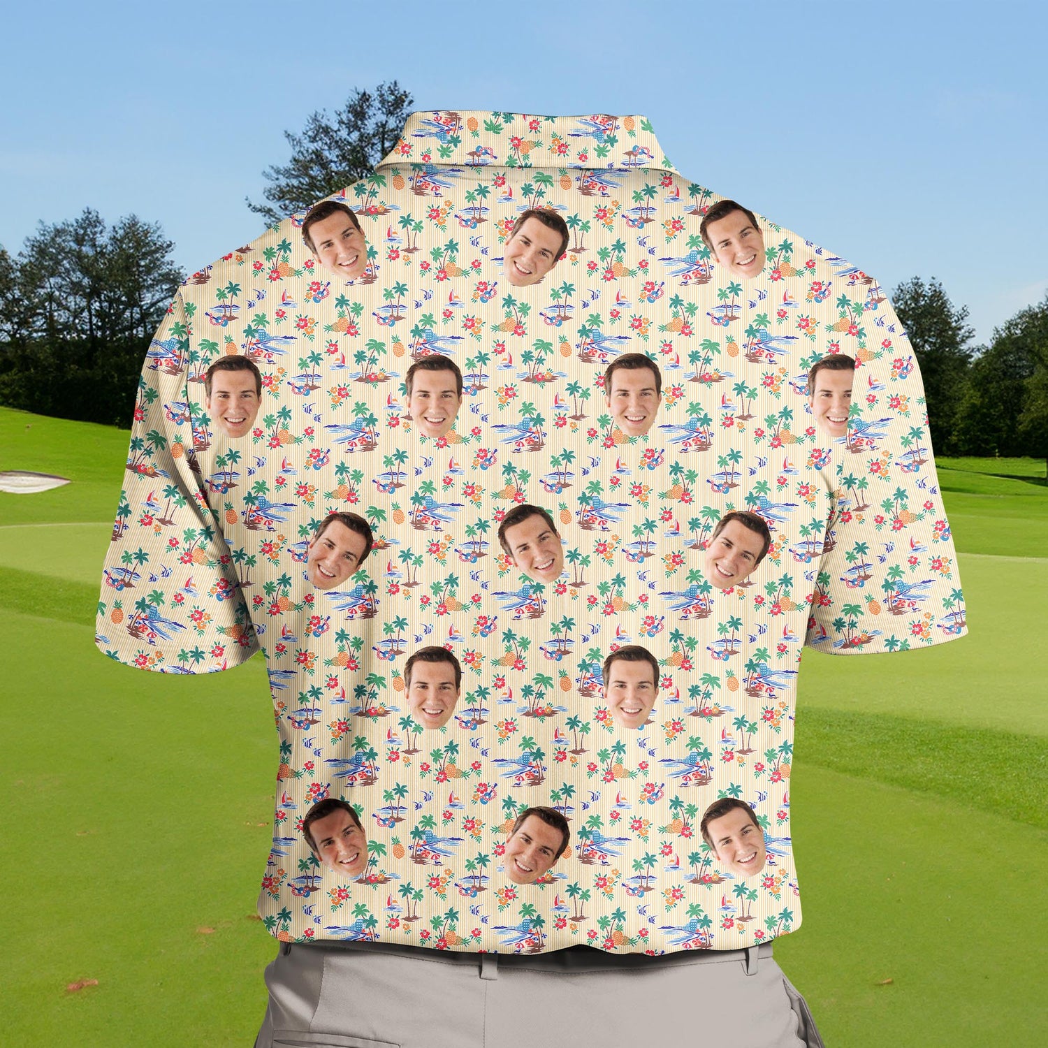Unique funny golf shirts with faces on them showcasing Hawaiian themes.