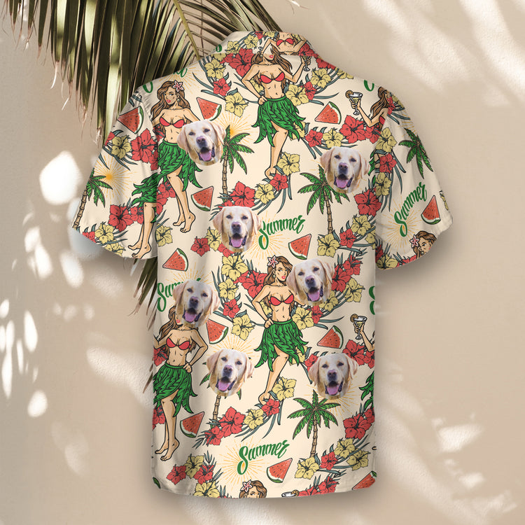 Fun custom Hawaiian shirts with faces on them, featuring red hibiscus, Polynesian girls, and beach elements, offering lightweight comfort for any celebration.